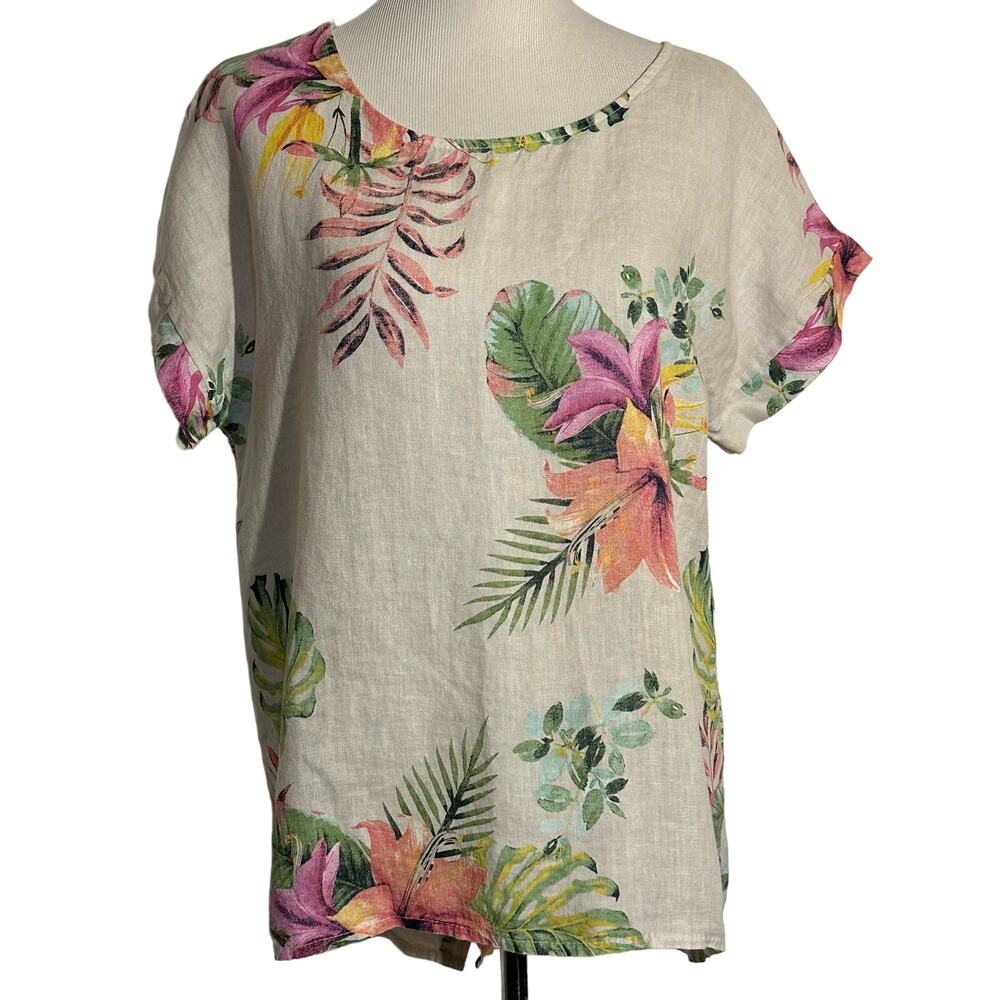 Terzo Millenio linen floral print high low short sleeve top Sz M